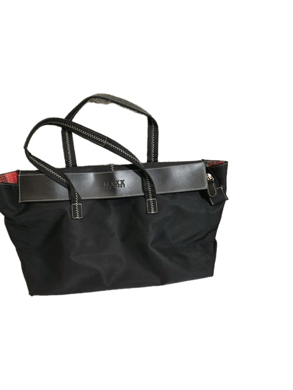 maxx new york Nylon Tote With Leather Trim. East West Style Zip Closure